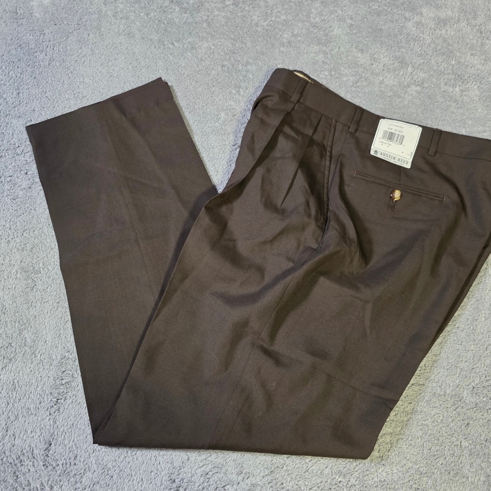 Austin Reed Mens 35 Regular Dress Pants Brown Pleated 100% Cotton Slacks 0141-XJ